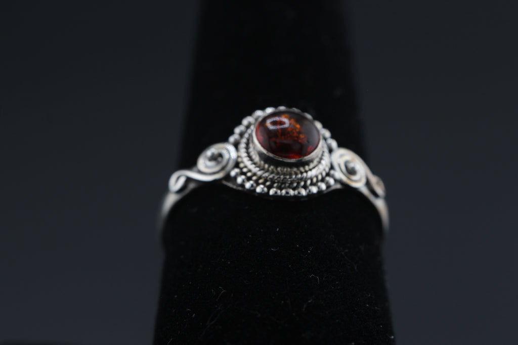 Solstice Ember Ring — Round Amber & Sterling Silver, Size 10
