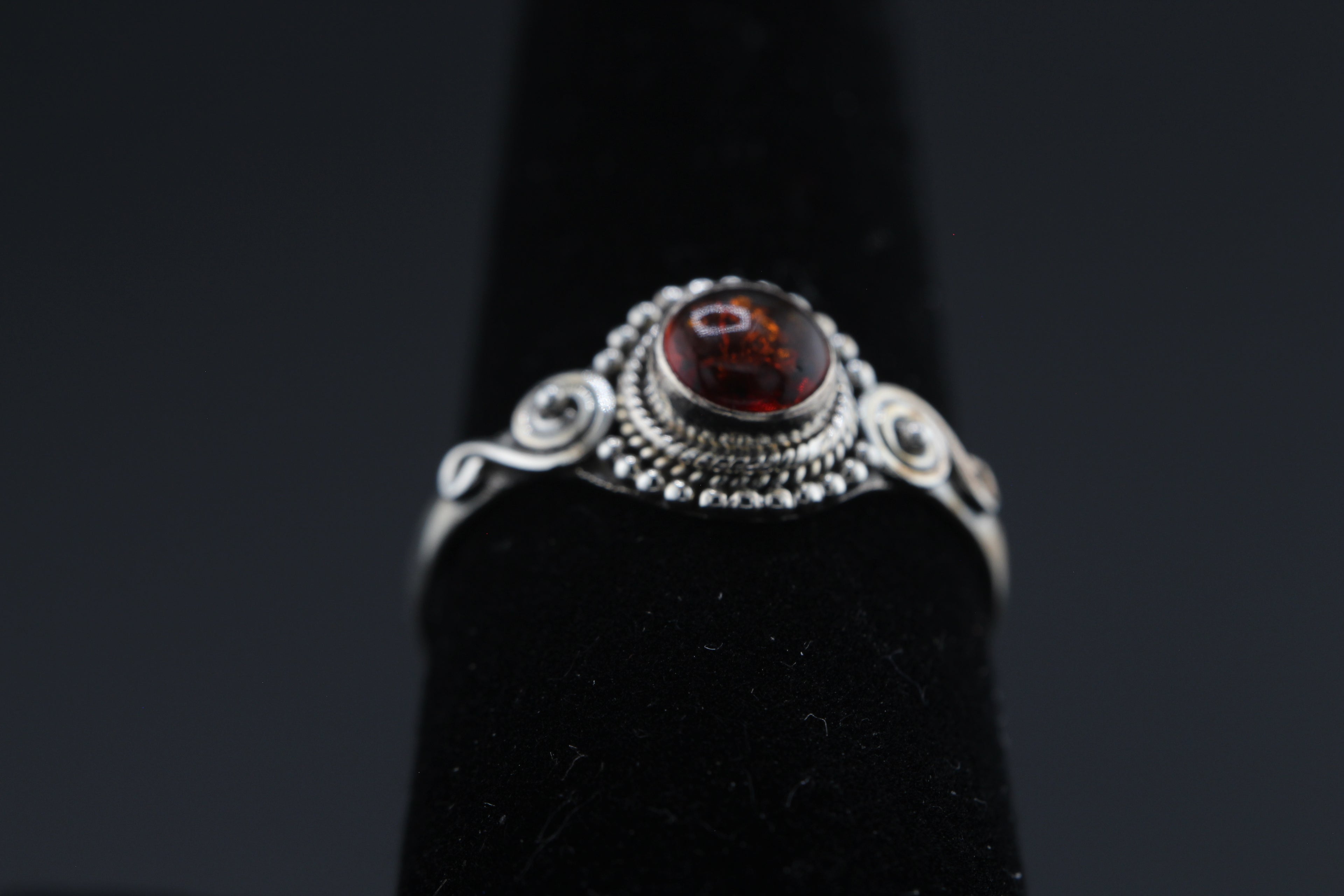 Solstice Ember Ring — Round Amber & Sterling Silver, Size 10