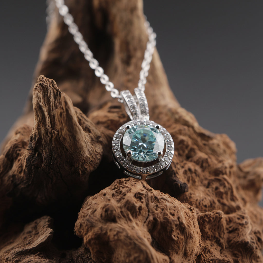 Tidal Halo — 3 CT Aquamarine Moissanite Round Pendant with Chain | GRA Certified
