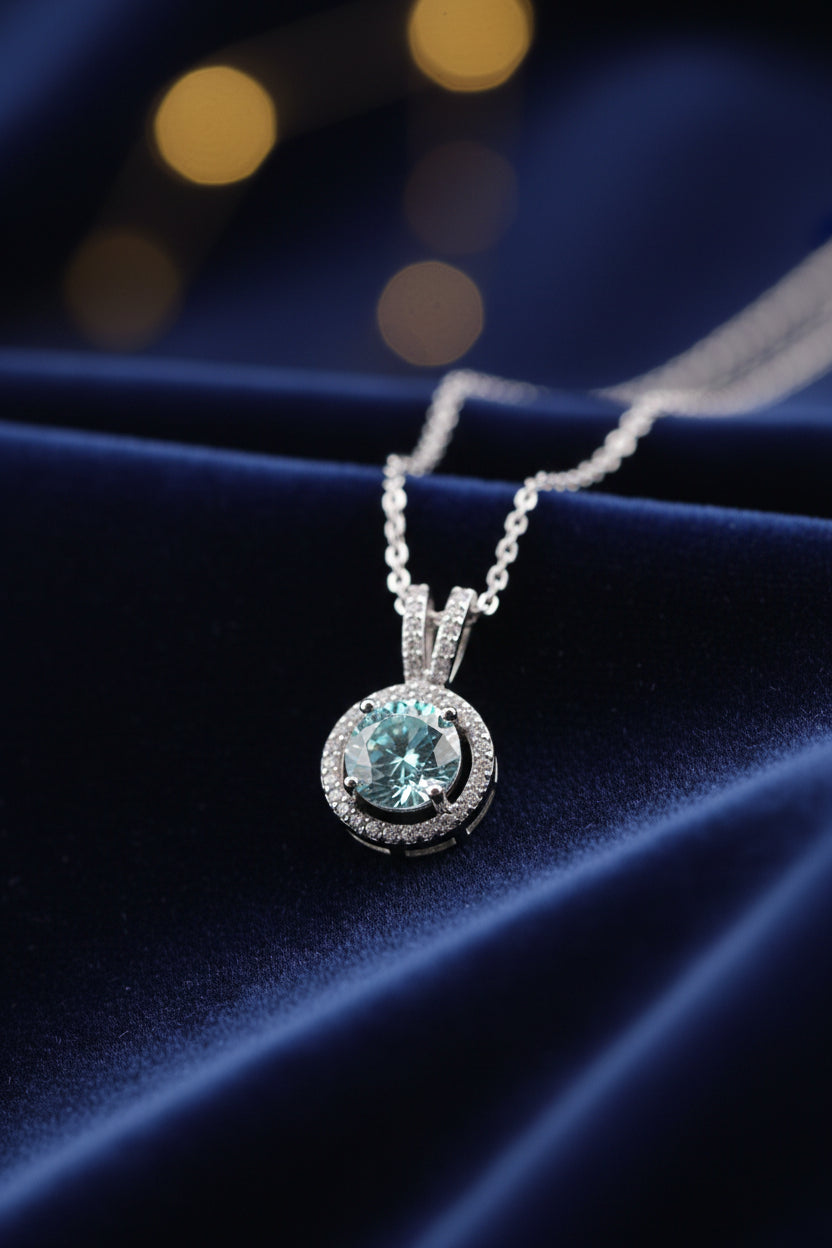Tidal Halo — 3 CT Aquamarine Moissanite Round Pendant with Chain | GRA Certified