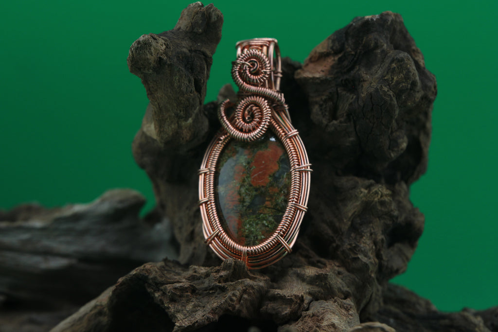 Mossy Heart — Unakite Jasper & Copper Wire Pendant