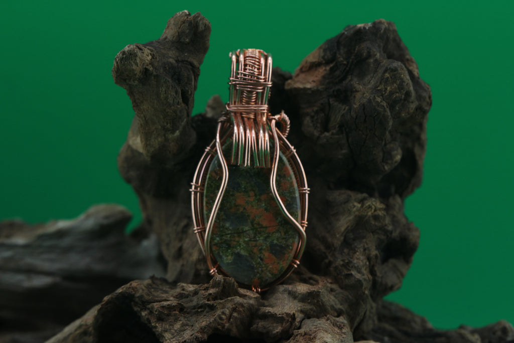 Mossy Heart — Unakite Jasper & Copper Wire Pendant