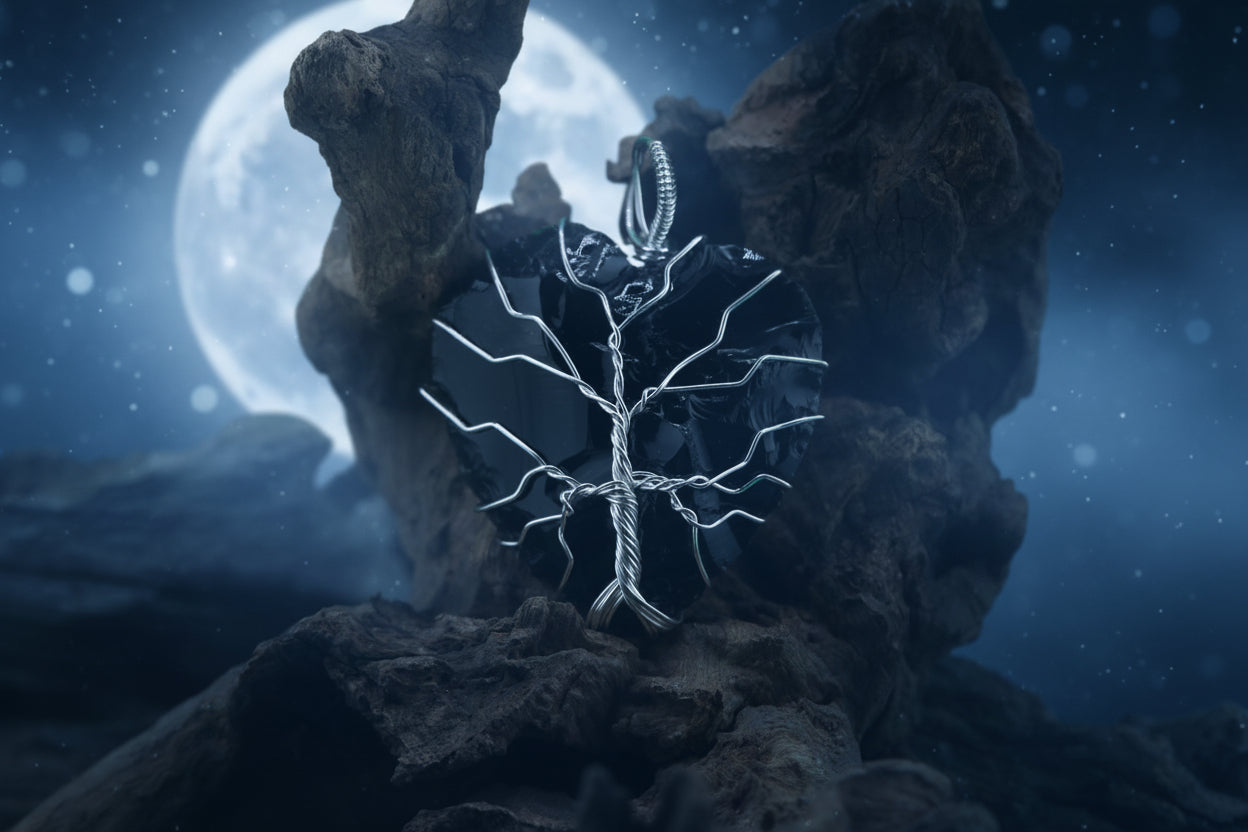 Shadow Heart — Obsidian & Silver Wire Heart Tree of Life Pendant