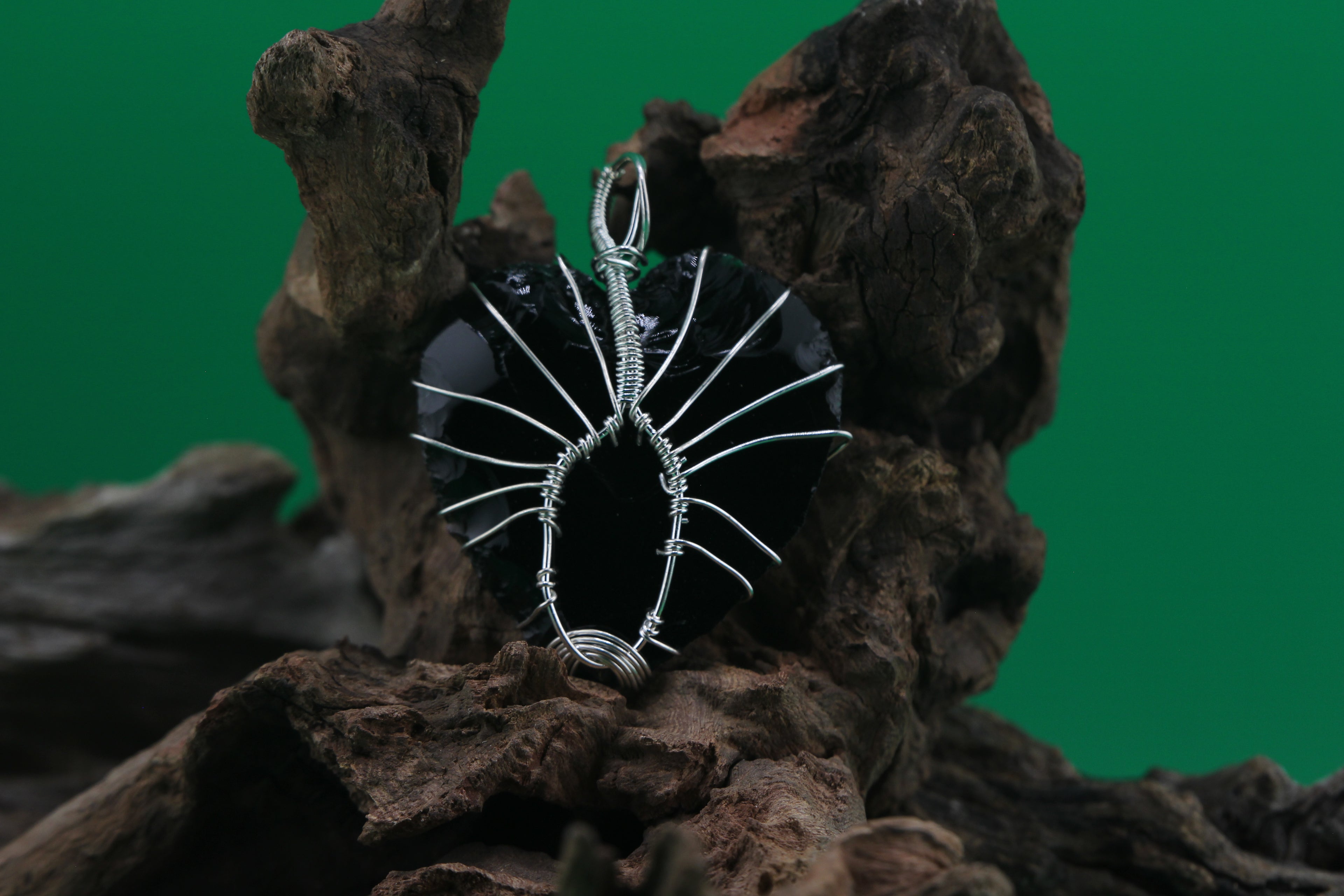 Shadow Heart — Obsidian & Silver Wire Heart Tree of Life Pendant