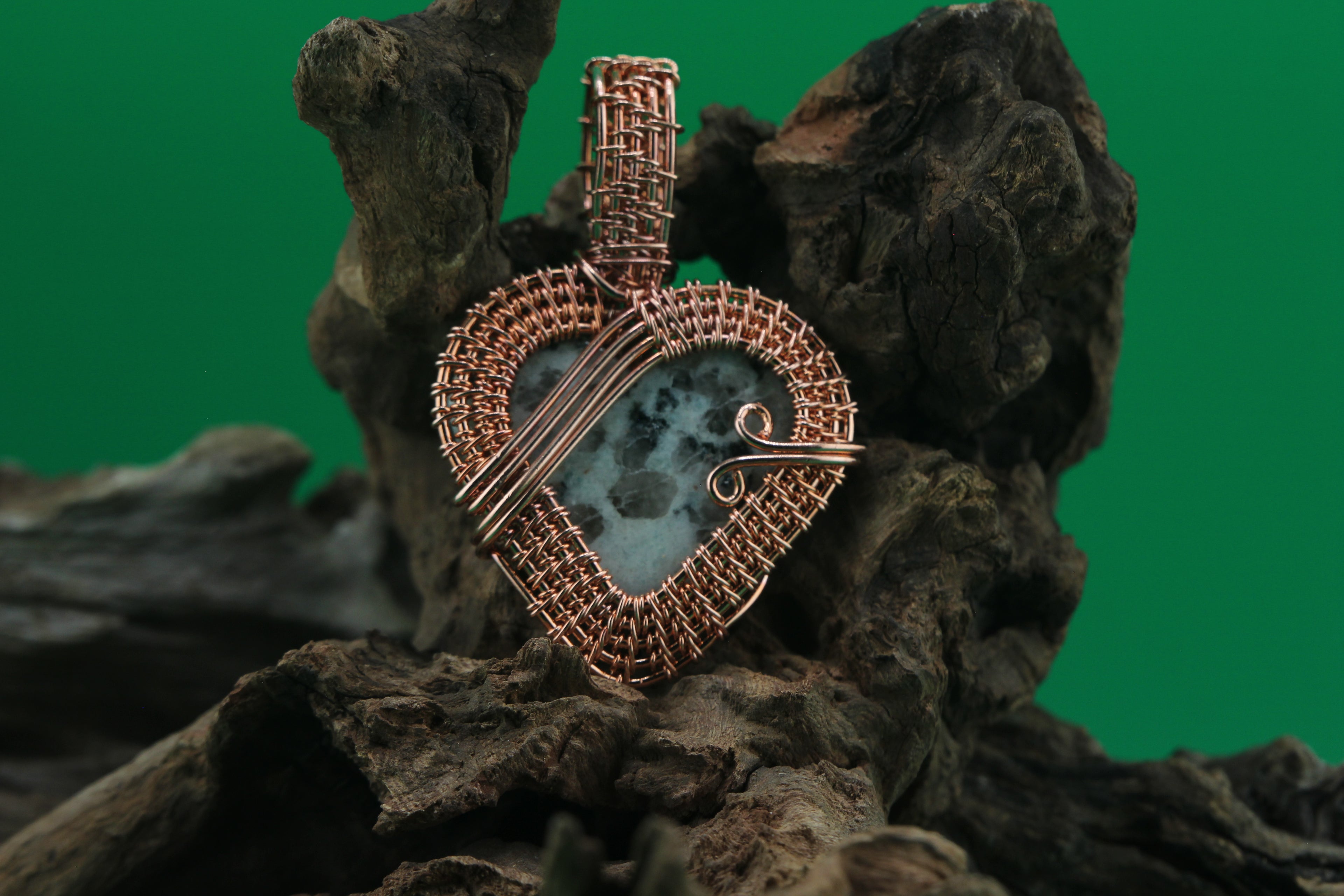 Midnight Heart — Larvikite & Copper Wire Heart Pendant