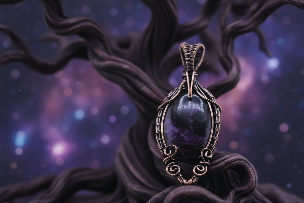 Violet Ember — Stichtite & Copper Wire Pendant