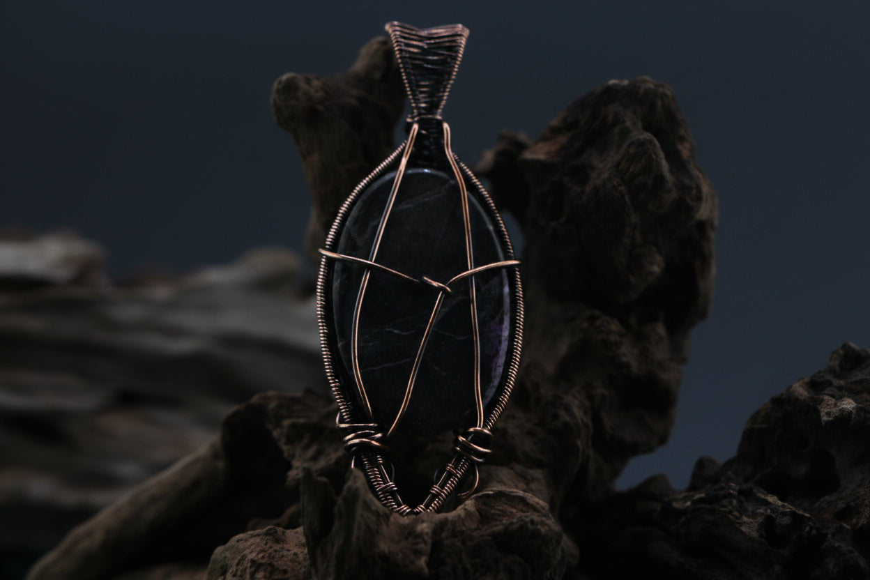 Violet Ember — Stichtite & Copper Wire Pendant