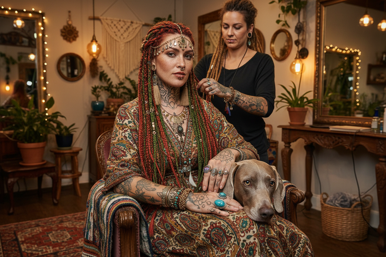 Boho Woman Red Green Hair with Weimaraner