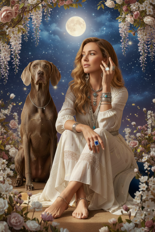 Celestial Bloom - Boho Woman & Weimaraner
