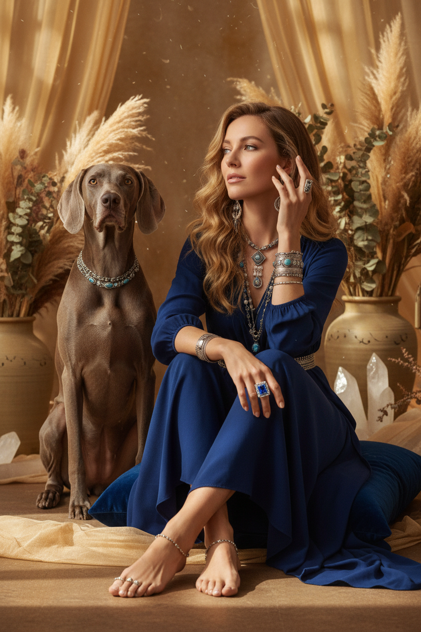 Celestial Reign — Full Body Boho Woman & Weimaraner