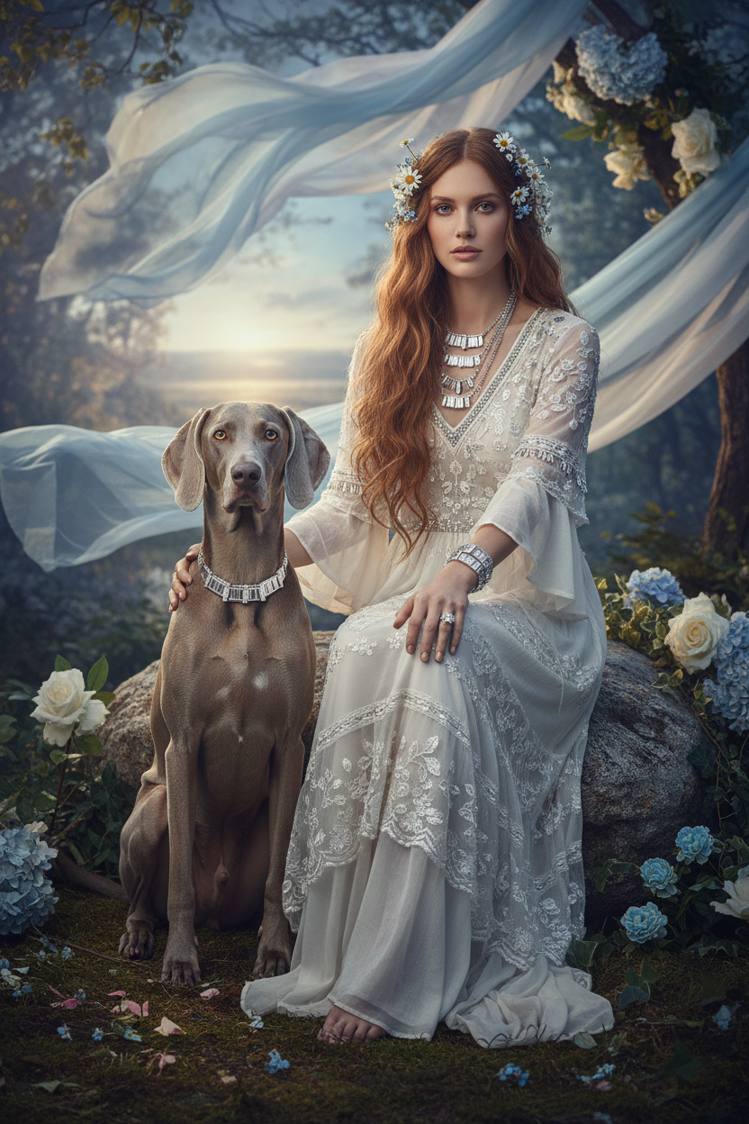 Moonlit Baguette Bridal Set Boho with Weimaraner