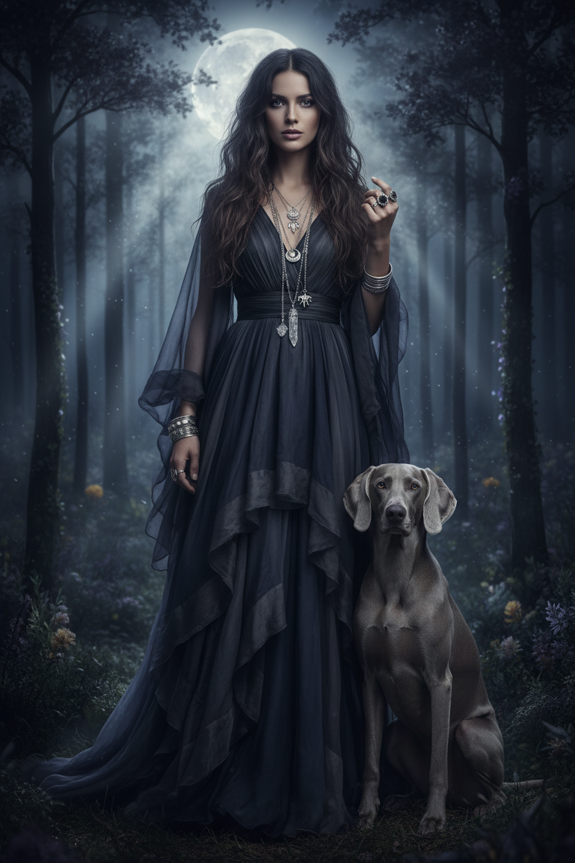MoonLit Dark Elegance - Boho Woman & Weimaraner