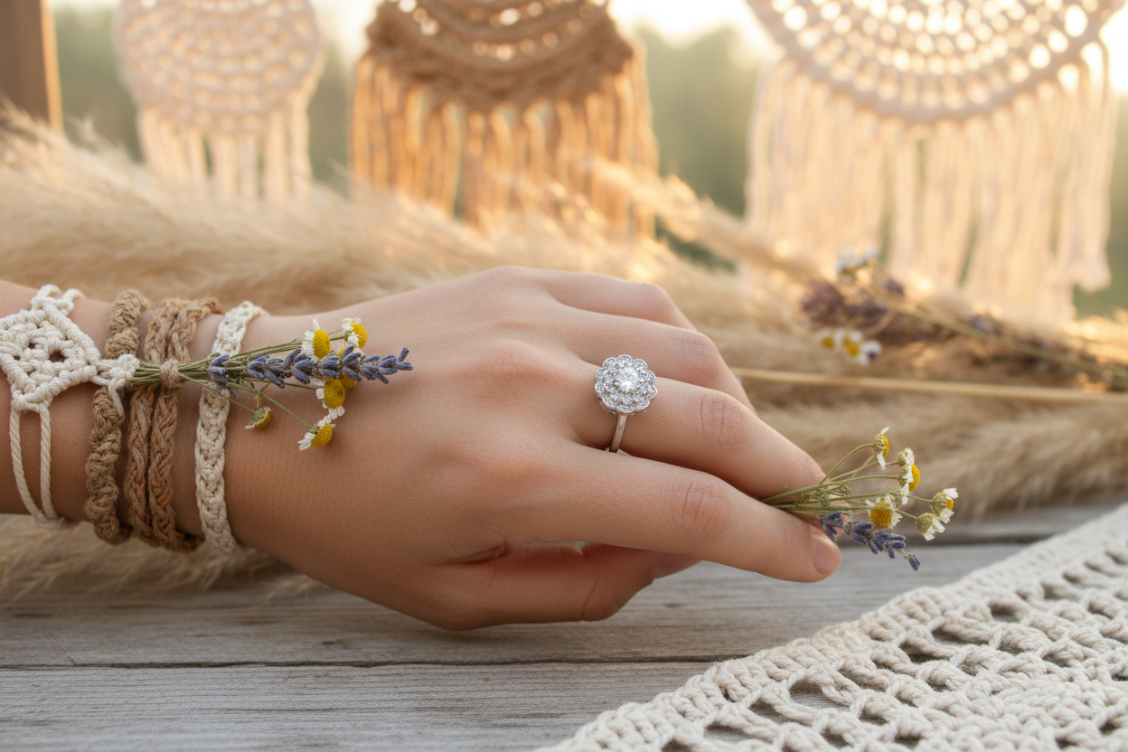 Moonlit Flex Series – Moissanite Flower Ring in Boho Setting
