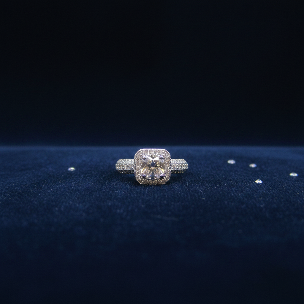 Moonlit Mirage – Double Cushion Halo Moissanite Ring