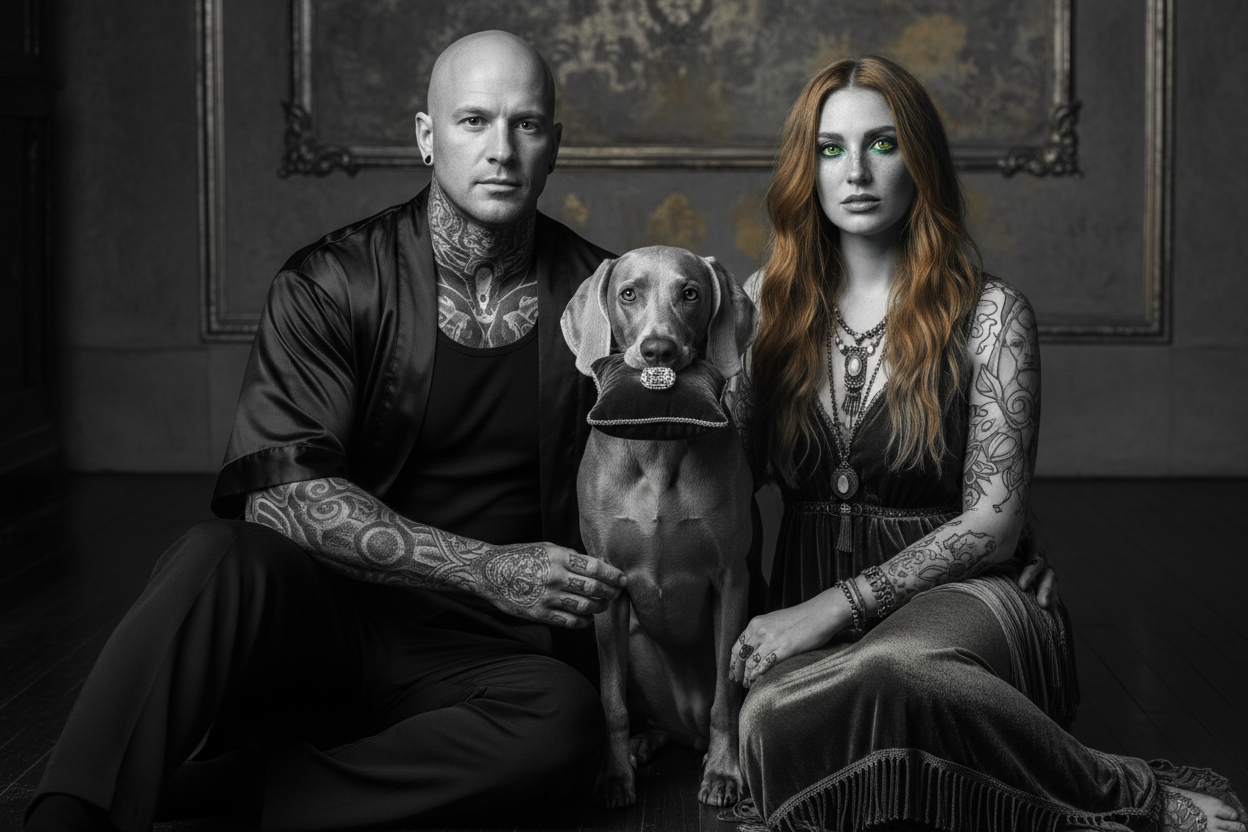 Noir Apex Ring — Tattooed Boho Couple with Weimaraner