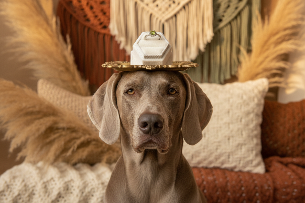 Peridot & Moissanite Halo Ring on Weimaraner in Boho Setting